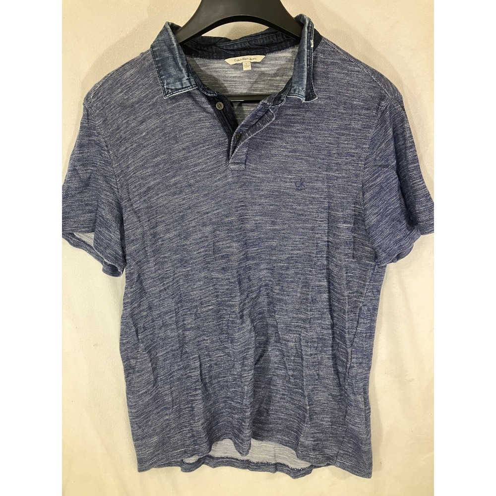 Calvin Klein Jean Shirt Mens Large Blue Short‎ Sleeve Cotton Denim Polo